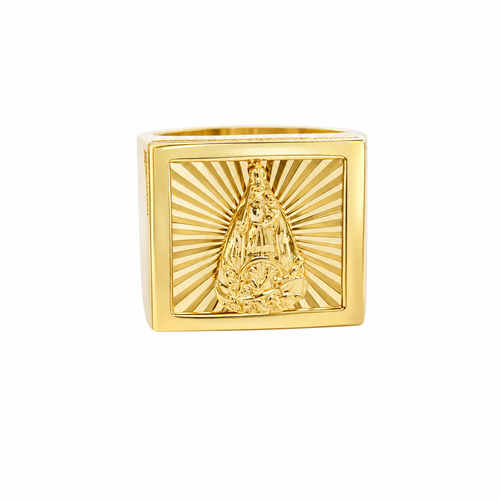 14KT Gold Ring Men's Square Caridad Cobre Plain Border Center with Sunray Background and Double Row White CZ Side Stones Border