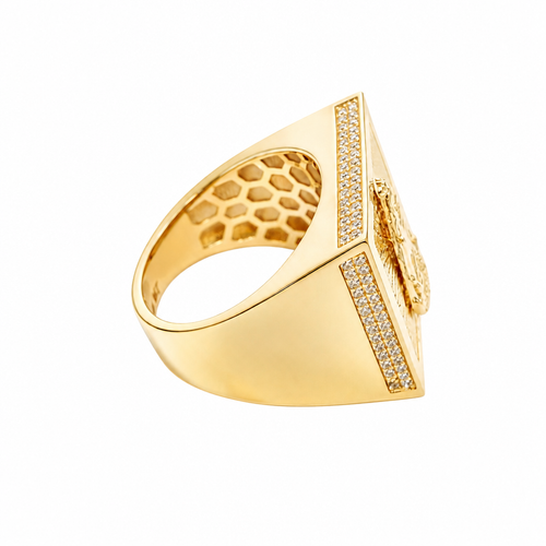14KT Gold Ring Men's Square Caridad Cobre Plain Border Center with Sunray Background and Double Row White CZ Side Stones Border