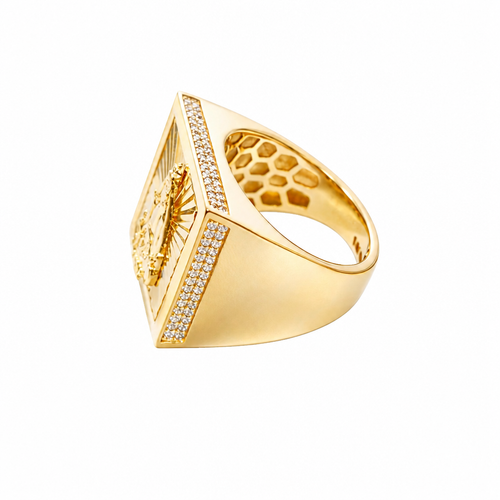 14KT Gold Ring Men's Square Caridad Cobre Plain Border Center with Sunray Background and Double Row White CZ Side Stones Border