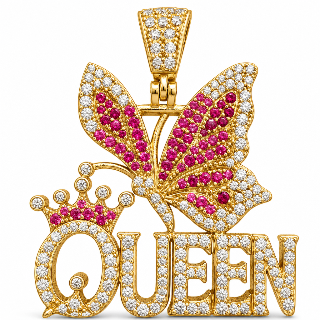 14KT Gold Charm Extra Large White CZ Stones "Queen" with Dark Pink CZ Stones Crowned "Q" and Dark Pink CZ Stones Butterfly with White CZ Stones Bell
