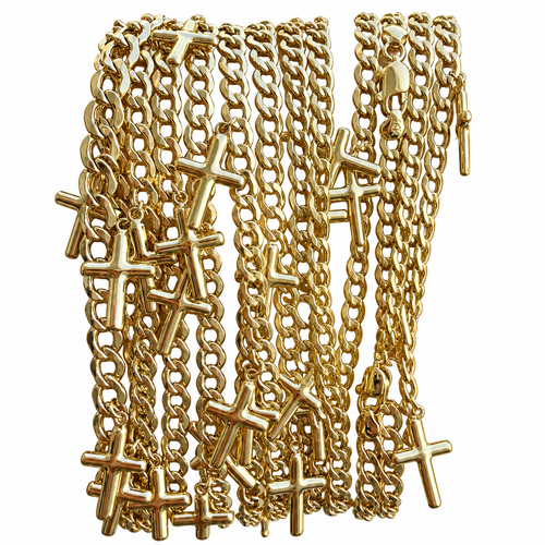 14KT Gold Hollow Curb Anklet with Puff Cross Charms 4.5mm