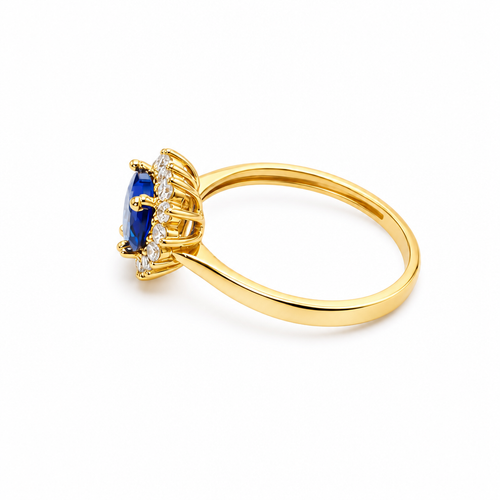14KT Gold Ring Women's Flower Heart Navy Blue Center Stone with White CZ Stone Petal Border Plain Band