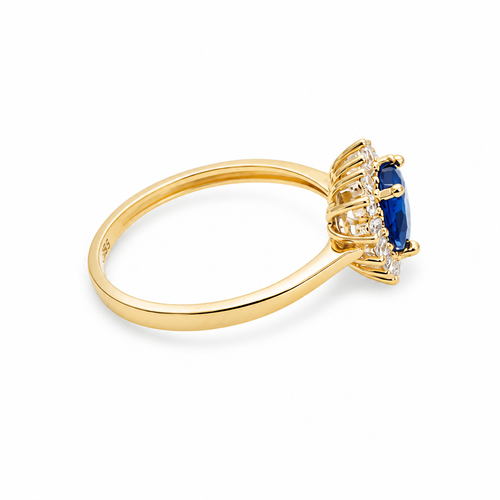 14KT Gold Ring Women's Flower Heart Navy Blue Center Stone with White CZ Stone Petal Border Plain Band