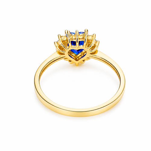 14KT Gold Ring Women's Flower Heart Navy Blue Center Stone with White CZ Stone Petal Border Plain Band