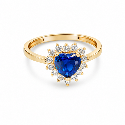 14KT Gold Ring Women's Flower Heart Navy Blue Center Stone with White CZ Stone Petal Border Plain Band