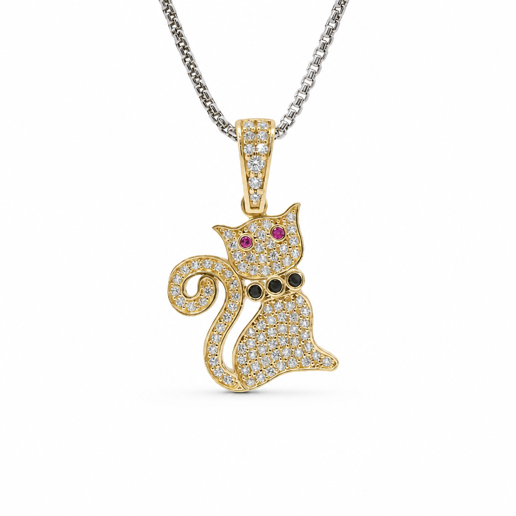 14KT Gold Charm White CZ Stones Cat with Pink CZ Eyes, Black Collar, and White CZ Stones Bell