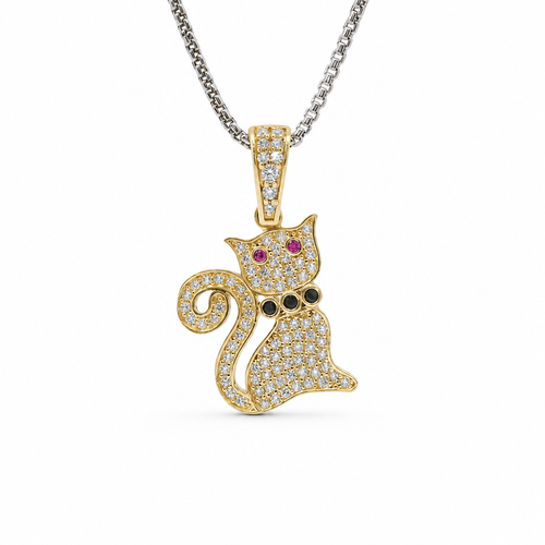 14KT Gold Charm White CZ Stones Cat with Pink CZ Eyes, Black Collar, and White CZ Stones Bell