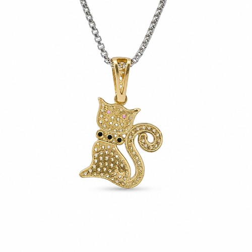 14KT Gold Charm White CZ Stones Cat with Pink CZ Eyes, Black Collar, and White CZ Stones Bell