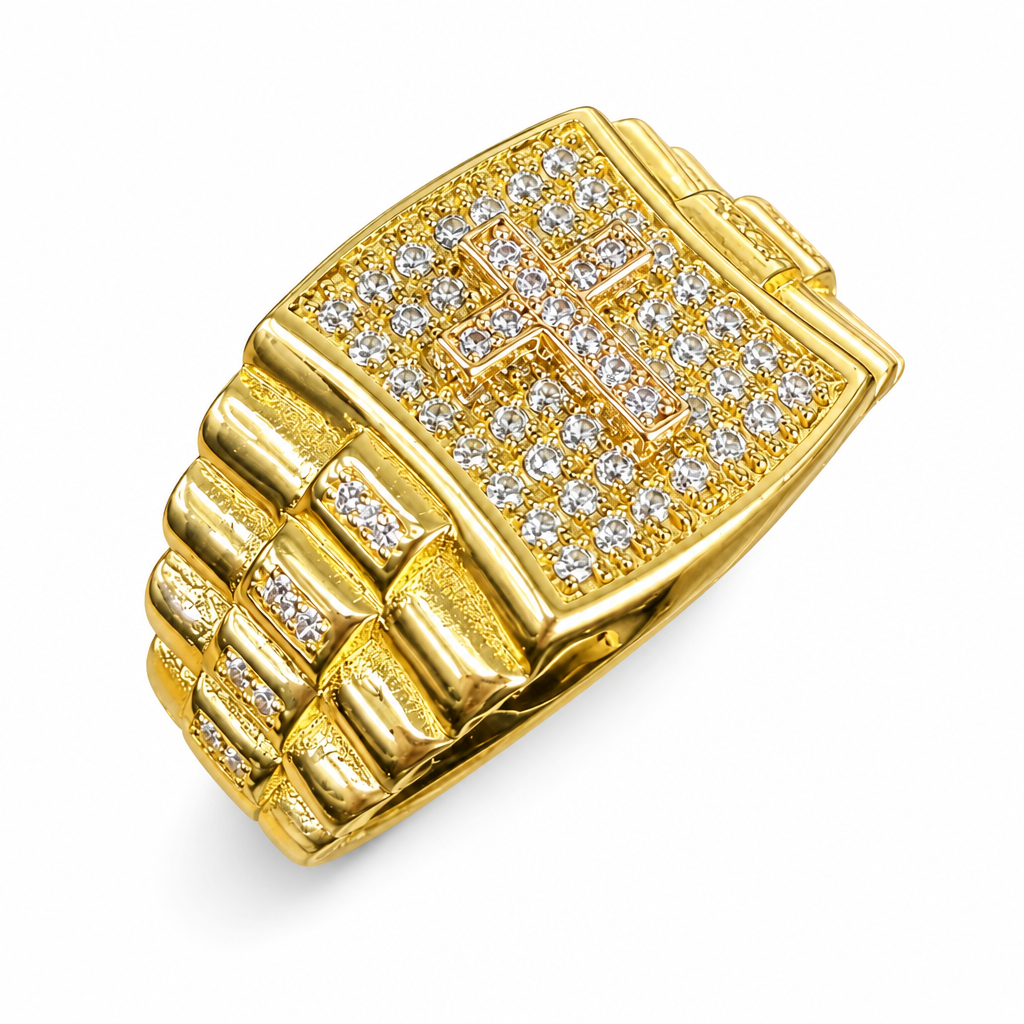 14KT Gold Ring Men's Square Two Tone Raised White CZ Stones Rose Gold Cross with White CZ Stones Background Side Design White CZ Stones and Watch Style White CZ Stones Band