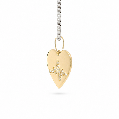 14KT Gold Charm Medium Plain Heart with White CZ Stones Pulse Center and Plain Bell