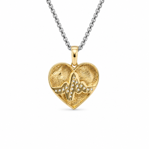 14KT Gold Charm Medium Plain Heart with White CZ Stones Pulse Center and Plain Bell