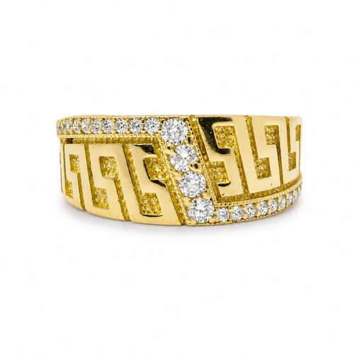14KT Gold Ring Women's Jumbo Greek Center with White CZ Stone Lightning Bolt Across Center of Band