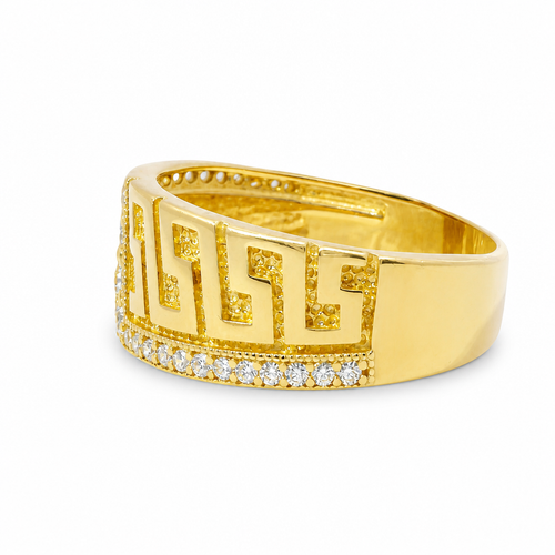 14KT Gold Ring Women's Jumbo Greek Center with White CZ Stone Lightning Bolt Across Center of Band