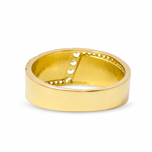 14KT Gold Ring Women's Jumbo Greek Center with White CZ Stone Lightning Bolt Across Center of Band