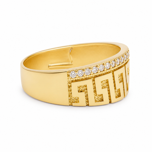 14KT Gold Ring Women's Jumbo Greek Center with White CZ Stone Lightning Bolt Across Center of Band