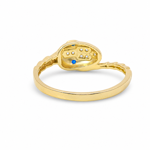 14KT Gold Ring Women's Snake Band with Navy Blue CZ Stone Eyes and White CZ Stones on Top of Nose and Plain Snake Tail Band