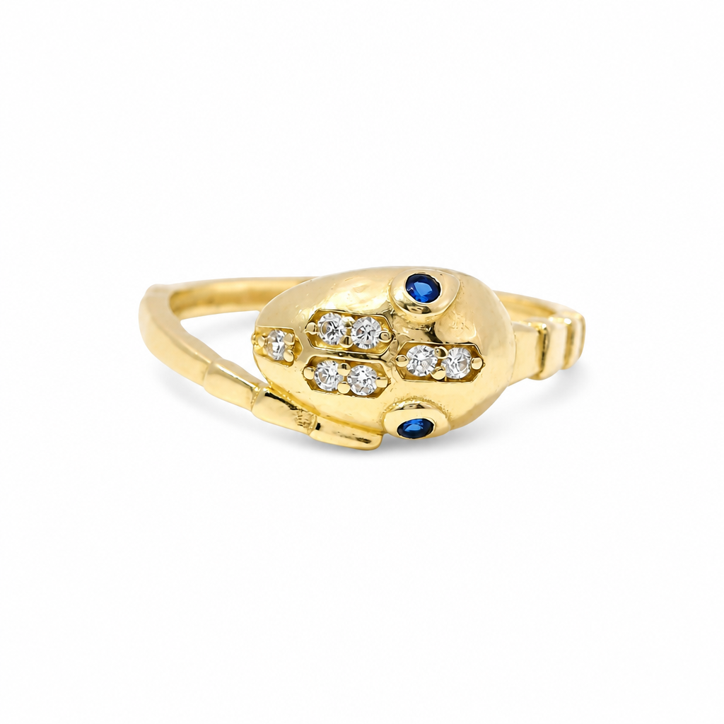 14KT Gold Ring Women's Snake Band with Navy Blue CZ Stone Eyes and White CZ Stones on Top of Nose and Plain Snake Tail Band