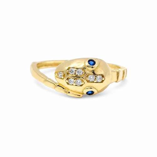 14KT Gold Ring Women's Snake Band with Navy Blue CZ Stone Eyes and White CZ Stones on Top of Nose and Plain Snake Tail Band