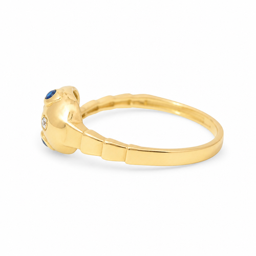 14KT Gold Ring Women's Snake Band with Navy Blue CZ Stone Eyes and White CZ Stones on Top of Nose and Plain Snake Tail Band