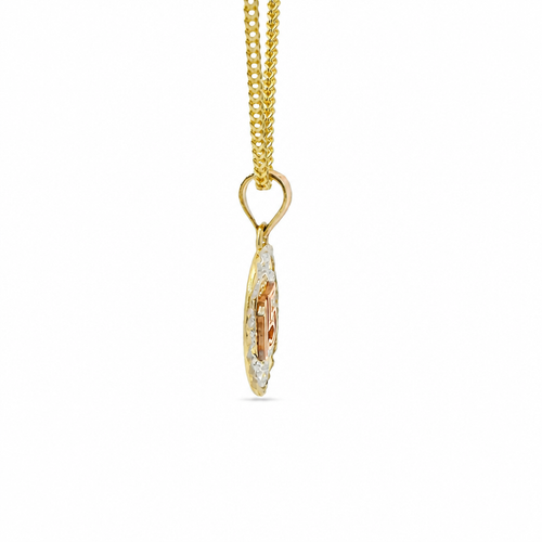 14KT Gold Charm Small Oval Tri Tone "15" Quinceanera Center with Open Swirl Background, Diamond Cut Border, and Plain Bell