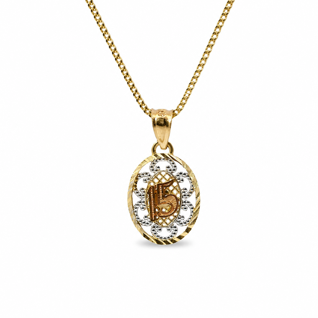 14KT Gold Charm Small Oval Tri Tone "15" Quinceanera Center with Open Swirl Background, Diamond Cut Border, and Plain Bell