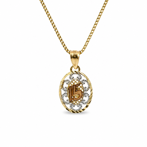 14KT Gold Charm Small Oval Tri Tone "15" Quinceanera Center with Open Swirl Background, Diamond Cut Border, and Plain Bell