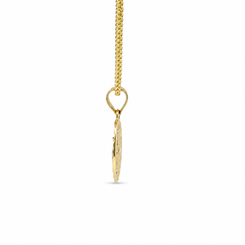 14KT Gold Charm Small Oval Tri Tone "15" Quinceanera Center with Open Swirl Background, Diamond Cut Border, and Plain Bell