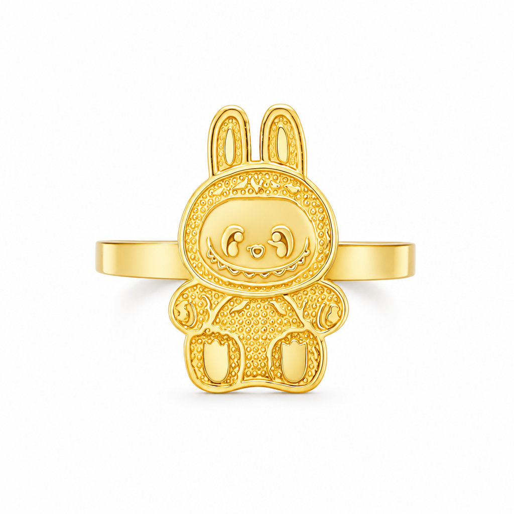 14KT Gold Ring Women's Small Flat Labubu with Plain Band