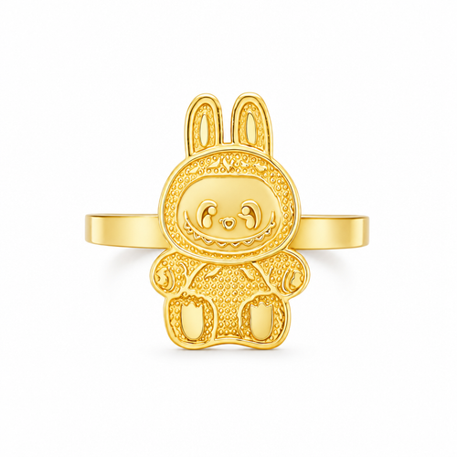 14KT Gold Ring Women's Small Flat Labubu with Plain Band