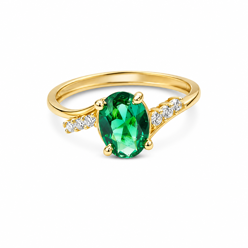 14KT Gold Ring Women's Dark Green Oval Center CZ Stone with 3 High/Low Round White CZ Stones Shoulders and Plain Band