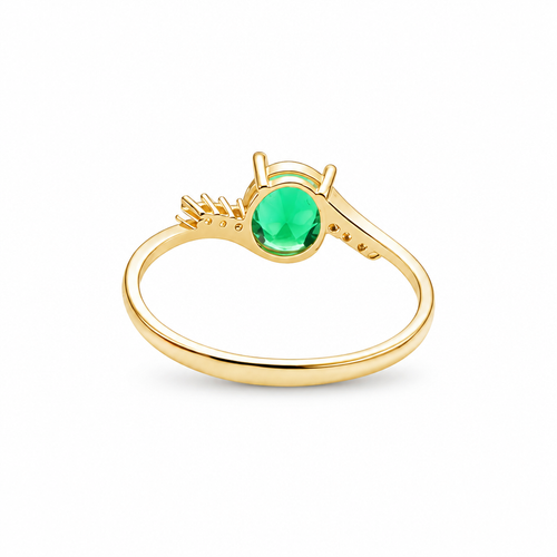 14KT Gold Ring Women's Dark Green Oval Center CZ Stone with 3 High/Low Round White CZ Stones Shoulders and Plain Band