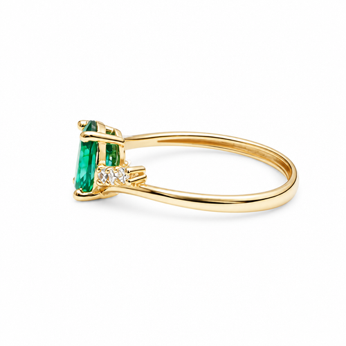 14KT Gold Ring Women's Dark Green Oval Center CZ Stone with 3 High/Low Round White CZ Stones Shoulders and Plain Band