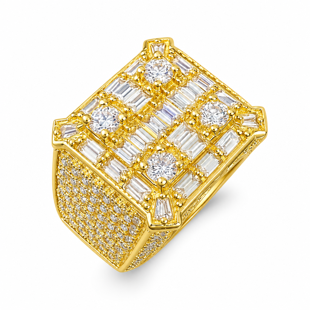 14KT Gold Ring Men's Square White Baguette CZ Stones Cross Center with Round White CZ Stone Corners and White CZ Stones Edges and Band