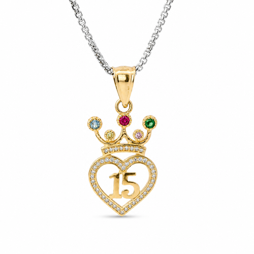 14KT Gold Charm Small Quinceanera "15" White CZ Stones Heart Outline with Multi Color Crown and Plain Bell