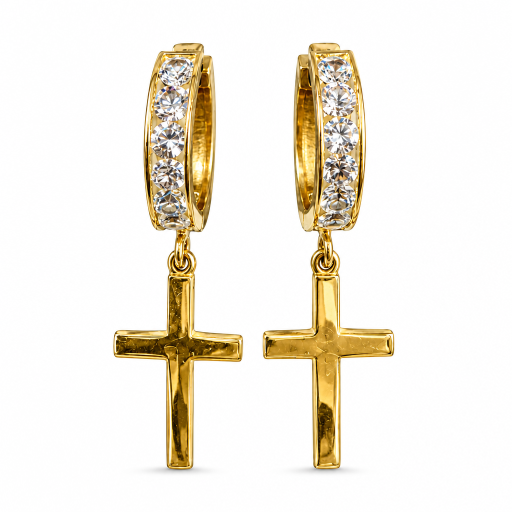14KT Gold Earring Small Square White CZ Stones Single Row Hoops with Plain Dangle Flat Cross Huggie