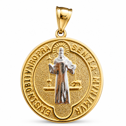 14KT Gold Charm Large Round Two Tone St Benedict Coin with Greek Border and Plain Bell