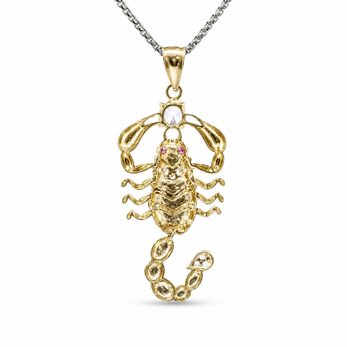 14KT Gold Charm Large Tri Tone Scorpion with Jointed Tail White CZ Stones Tail Tip Center Stone and Joint with Plain Bell