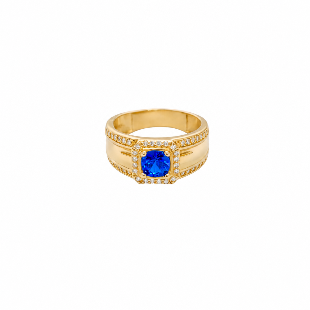 14KT Gold Ring Men's Square Blue Round CZ Center Stone with White CZ Stones Border and White CZ Stone Outer Borders of Plain Band