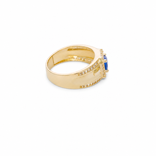 14KT Gold Ring Men's Square Blue Round CZ Center Stone with White CZ Stones Border and White CZ Stone Outer Borders of Plain Band
