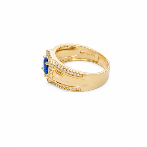 14KT Gold Ring Men's Square Blue Round CZ Center Stone with White CZ Stones Border and White CZ Stone Outer Borders of Plain Band