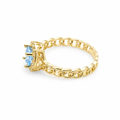 14KT Gold Ring Women's Square Turquoise Center with White CZ Stones Border Chino Link Band