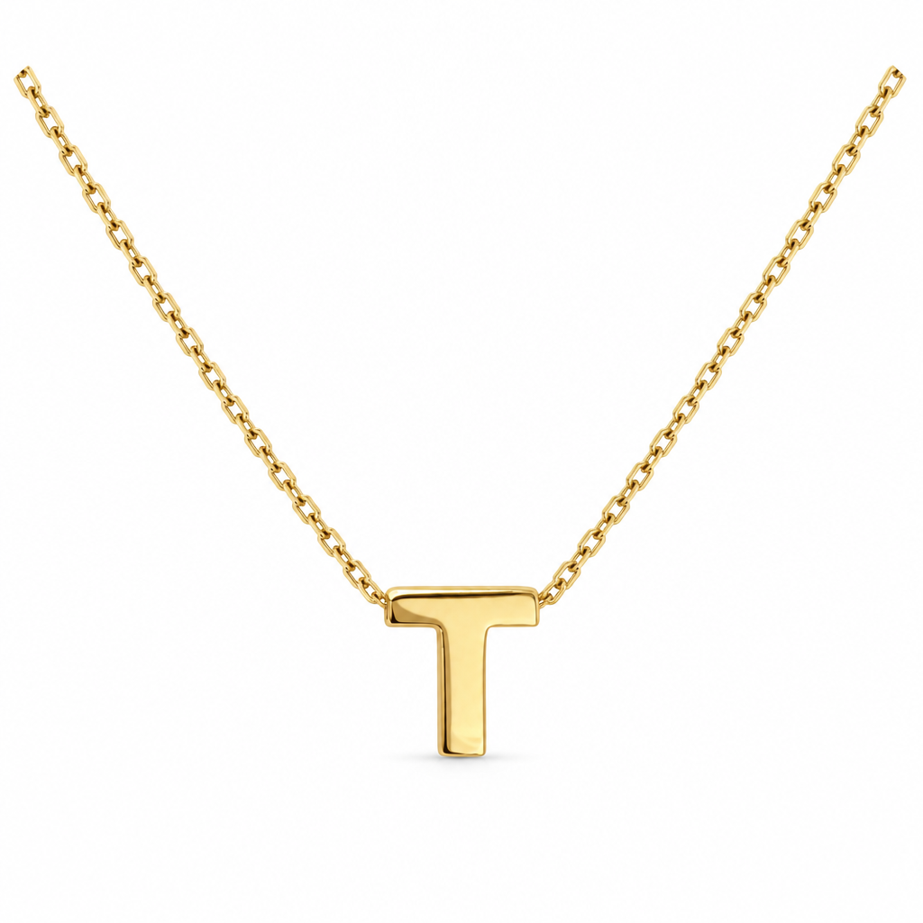 14KT Gold Solid Set Thin Chain Cable Link with Spring Lock Clasp and Single Block Font Uppercase Initial "T"