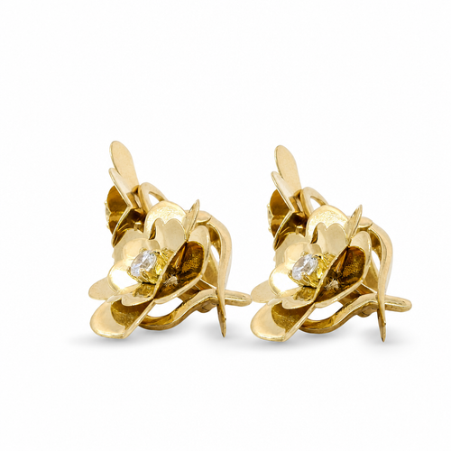 14KT Gold Earring Medium White CZ Stone Flower Center  with Double Layer of Heart Petals and Saddleback Hinge Closure
