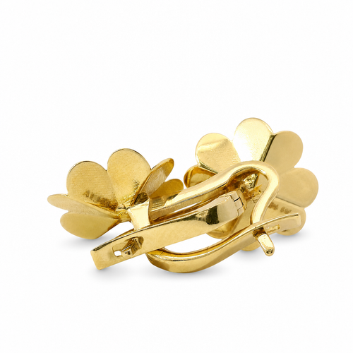 14KT Gold Earring Medium White CZ Stone Flower Center  with Double Layer of Heart Petals and Saddleback Hinge Closure