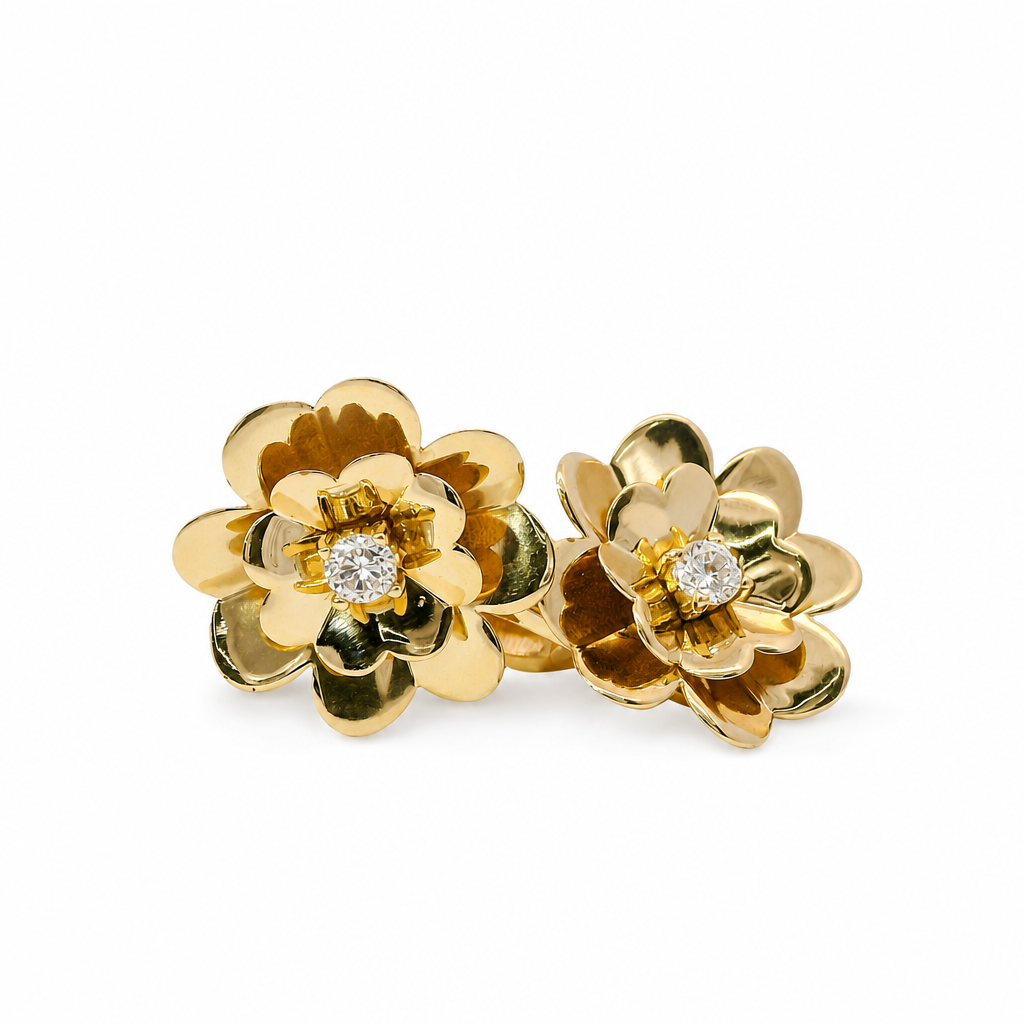 14KT Gold Earring Medium White CZ Stone Flower Center  with Double Layer of Heart Petals and Saddleback Hinge Closure