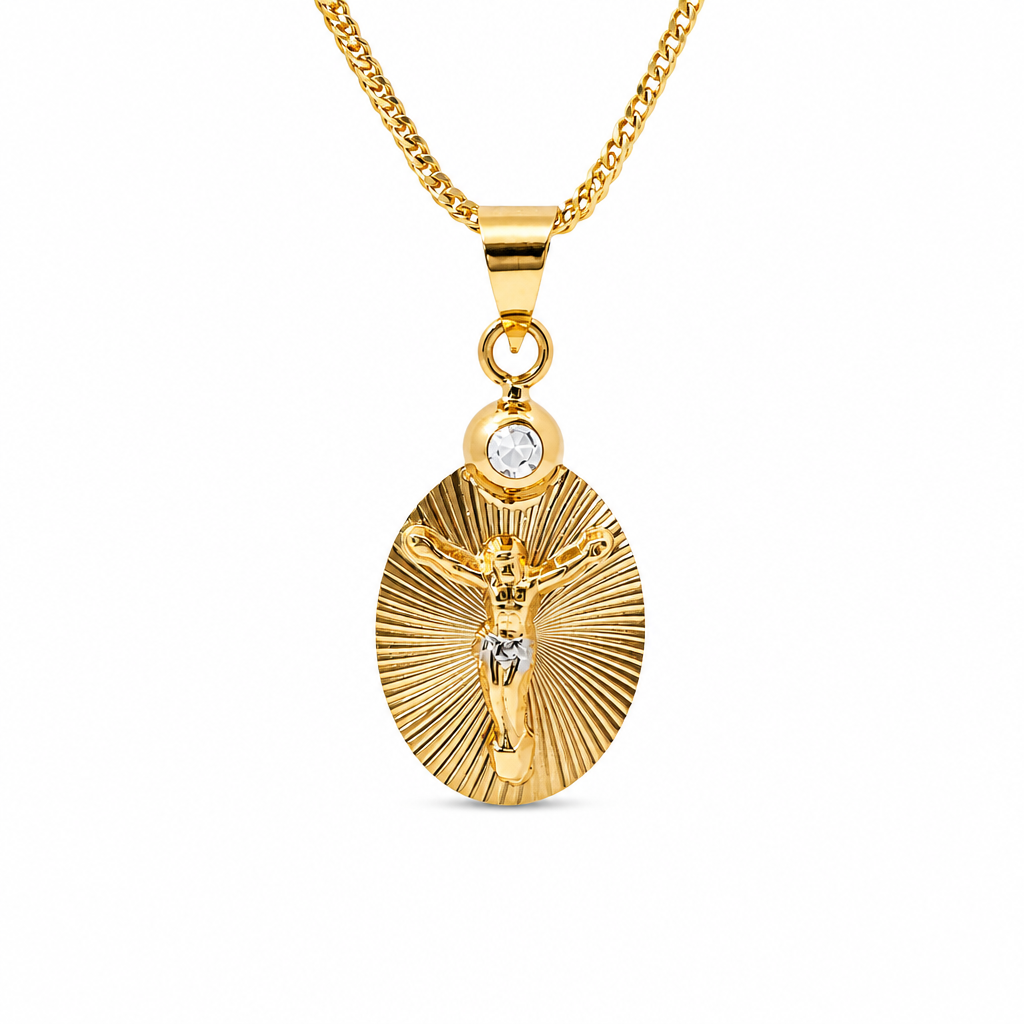 14KT Gold Charm Extra Small Two Tone Oval Crucifix Sunray Coin with White CZ Stone Top and Plain Bell