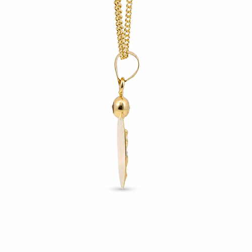 14KT Gold Charm Extra Small Two Tone Oval Crucifix Sunray Coin with White CZ Stone Top and Plain Bell