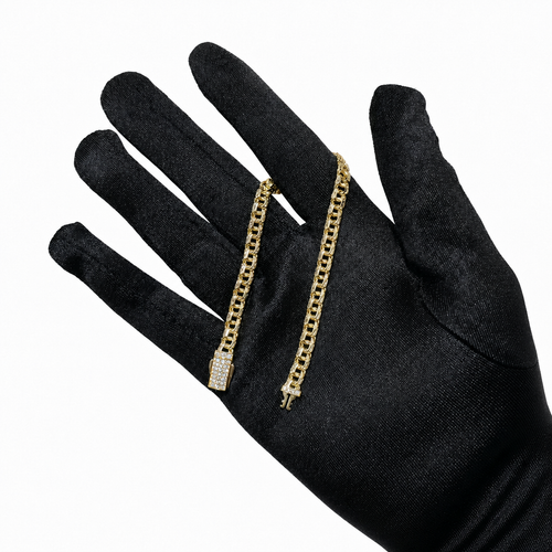 14KT Gold Bracelet Hollow Crown Chino Link with White CZ Stones and Plain Designer Style Lock 9.5mm