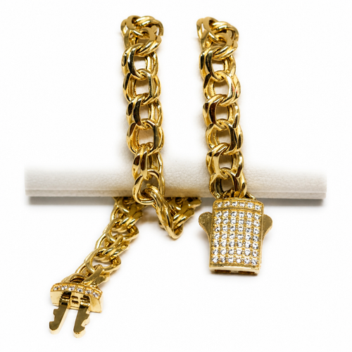 14KT Gold Bracelet Hollow Crown Chino Link with White CZ Stones and Plain Designer Style Lock 9.5mm