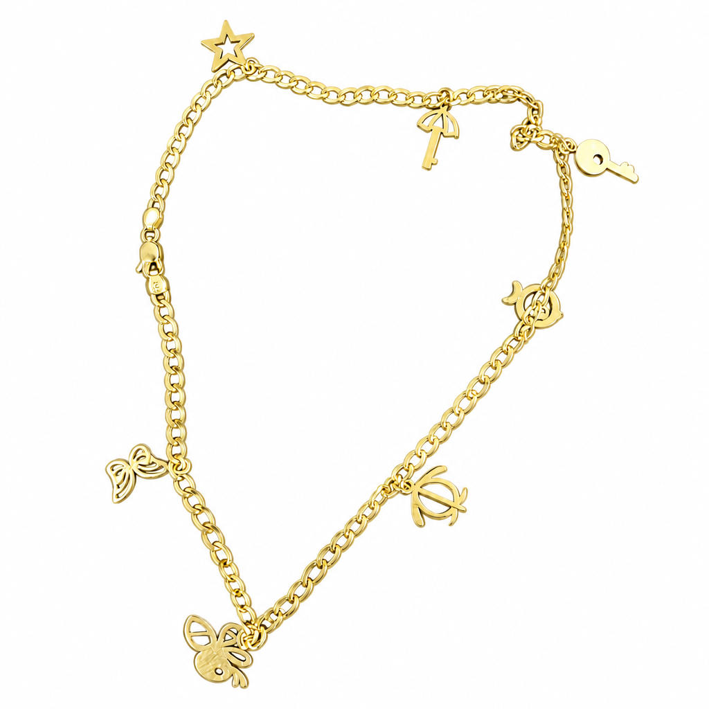 14KT Gold Hollow Curb Anklet with Flat Charms (Umbrella Key, Key, Butterfly, Star, Fish, Penguin, Bee) 3.5mm